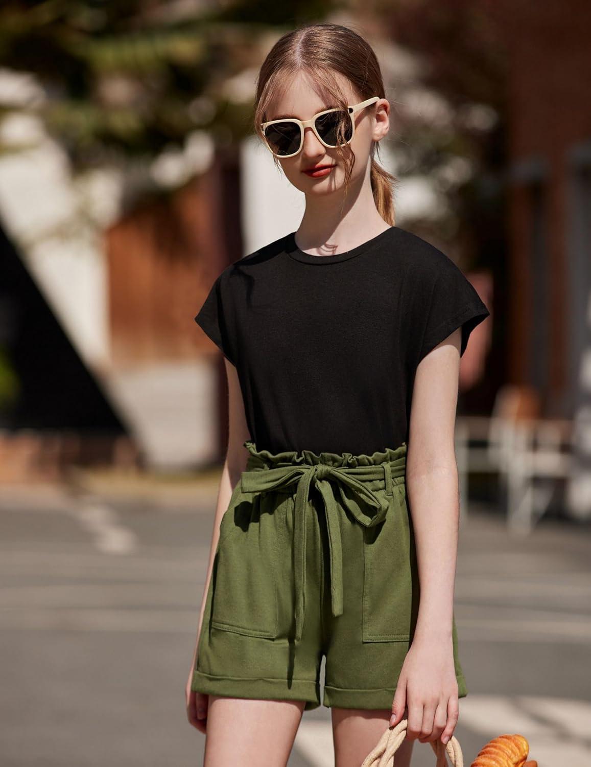 image:imageArshiner Girls 2 Piece Outfit Summer Drop Shoulder Batwing Sleeve Tops and Paperbag Waist Shorts Set Cute Clothing Size 614Blackarmy Green