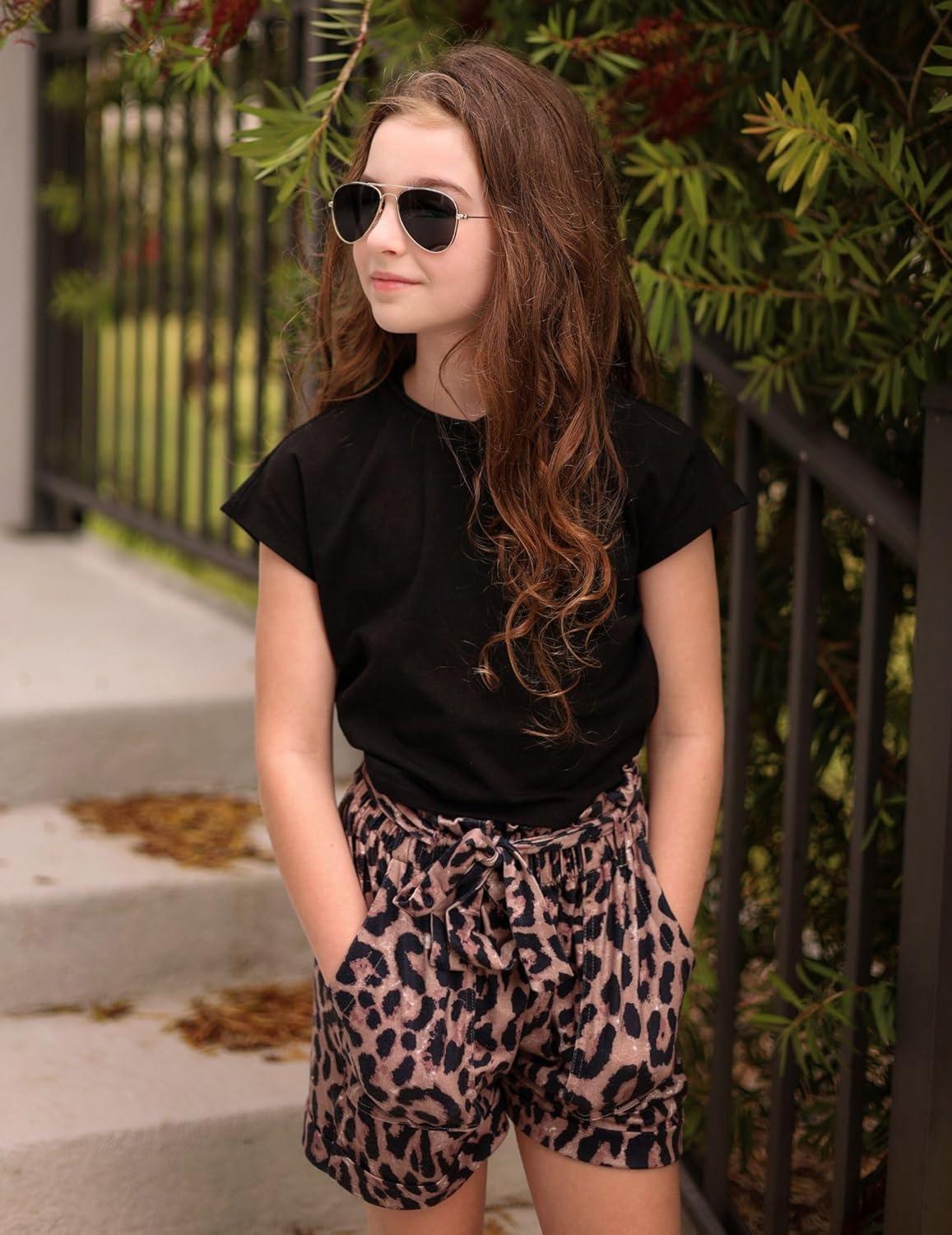 image:imageArshiner Girls 2 Piece Outfit Summer Drop Shoulder Batwing Sleeve Tops and Paperbag Waist Shorts Set Cute Clothing Size 614Blackleopard