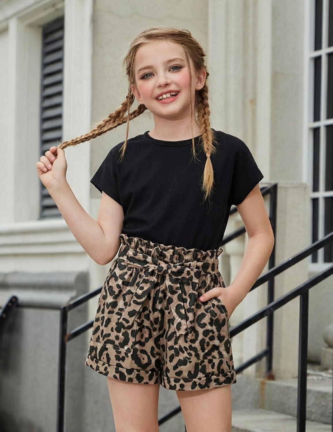 image:imageArshiner Girls 2 Piece Outfit Summer Drop Shoulder Batwing Sleeve Tops and Paperbag Waist Shorts Set Cute Clothing Size 614Blackleopard