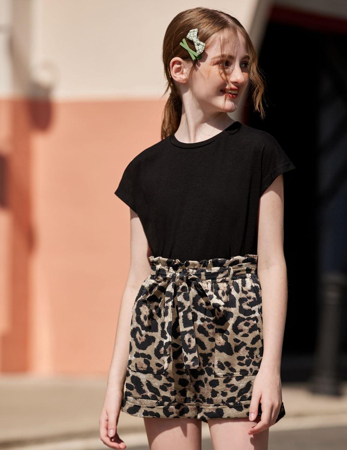 image:imageArshiner Girls 2 Piece Outfit Summer Drop Shoulder Batwing Sleeve Tops and Paperbag Waist Shorts Set Cute Clothing Size 614Blackleopard