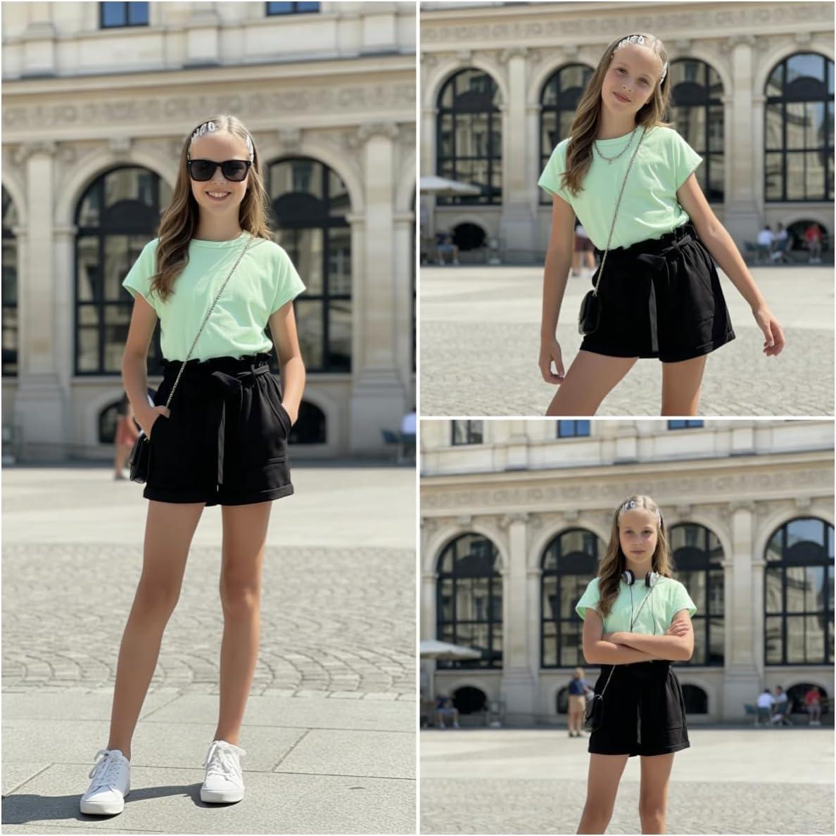 image:imageArshiner Girls 2 Piece Outfit Summer Drop Shoulder Batwing Sleeve Tops and Paperbag Waist Shorts Set Cute Clothing Size 614Green Black