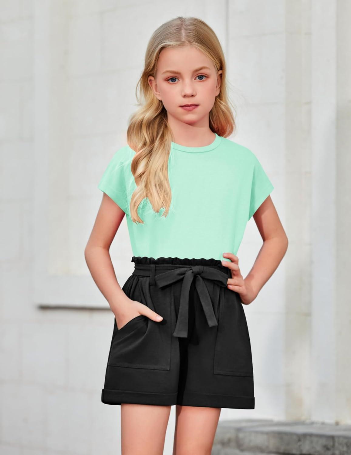 image:imageArshiner Girls 2 Piece Outfit Summer Drop Shoulder Batwing Sleeve Tops and Paperbag Waist Shorts Set Cute Clothing Size 614Green Black
