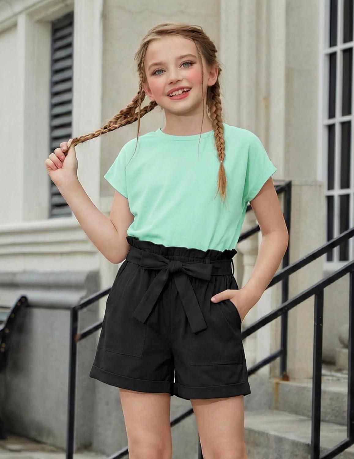 image:imageArshiner Girls 2 Piece Outfit Summer Drop Shoulder Batwing Sleeve Tops and Paperbag Waist Shorts Set Cute Clothing Size 614Green Black