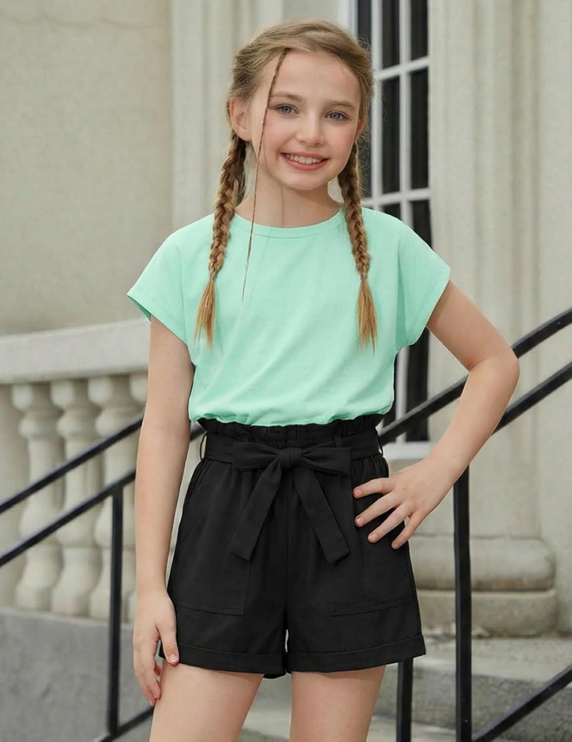 image:imageArshiner Girls 2 Piece Outfit Summer Drop Shoulder Batwing Sleeve Tops and Paperbag Waist Shorts Set Cute Clothing Size 614Green Black