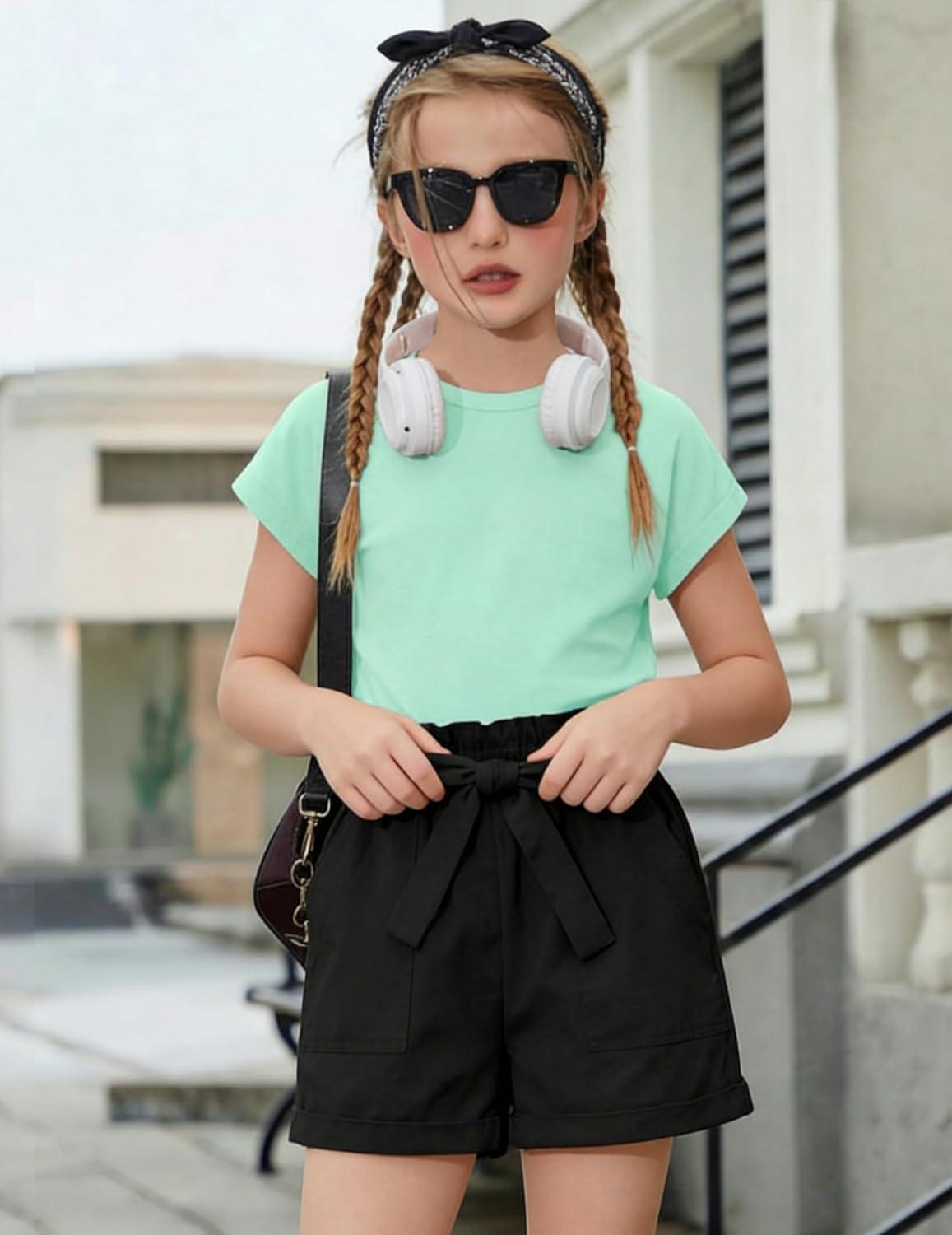 image:imageArshiner Girls 2 Piece Outfit Summer Drop Shoulder Batwing Sleeve Tops and Paperbag Waist Shorts Set Cute Clothing Size 614Green Black