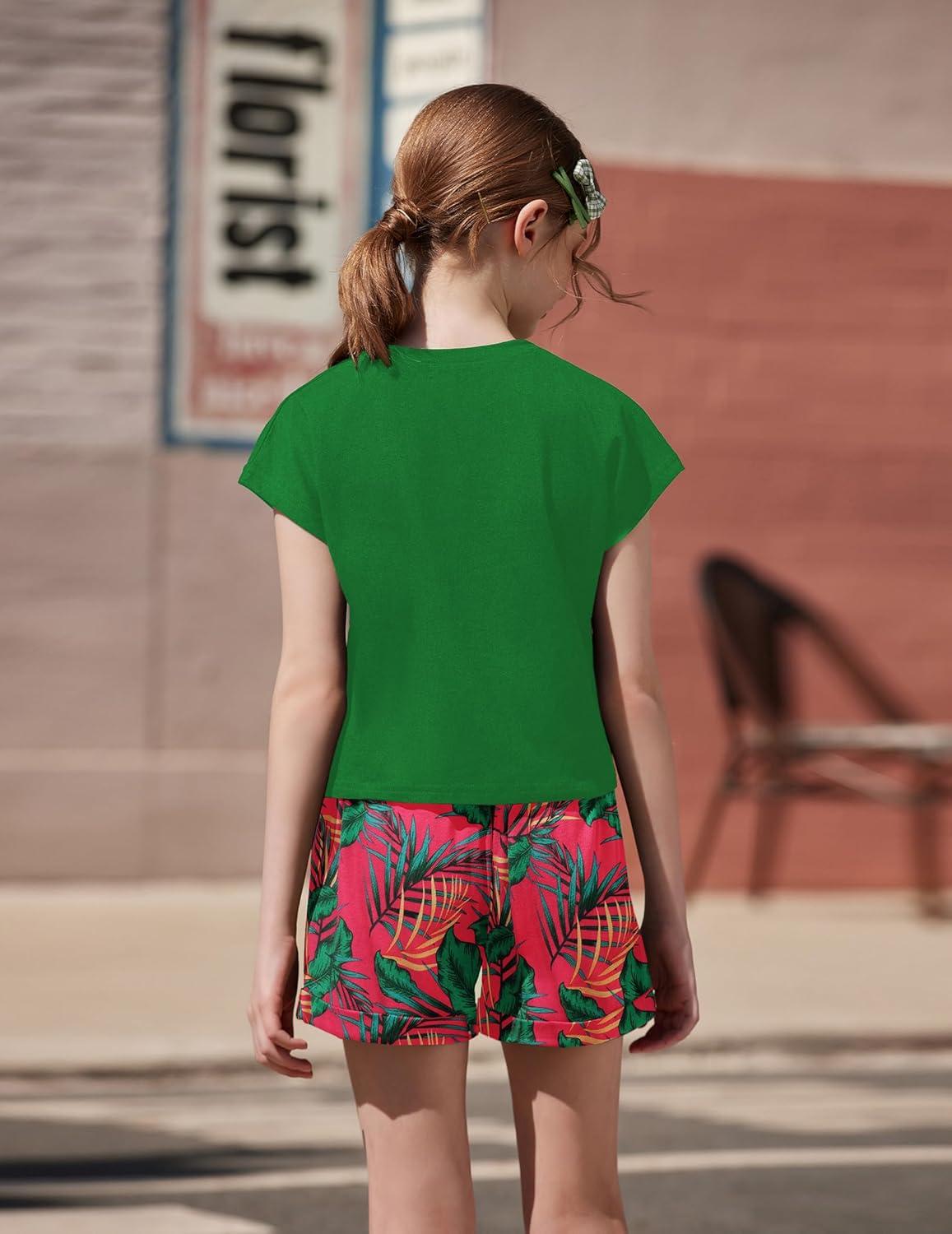 image:imageArshiner Girls 2 Piece Outfit Summer Drop Shoulder Batwing Sleeve Tops and Paperbag Waist Shorts Set Cute Clothing Size 614Green Leaf