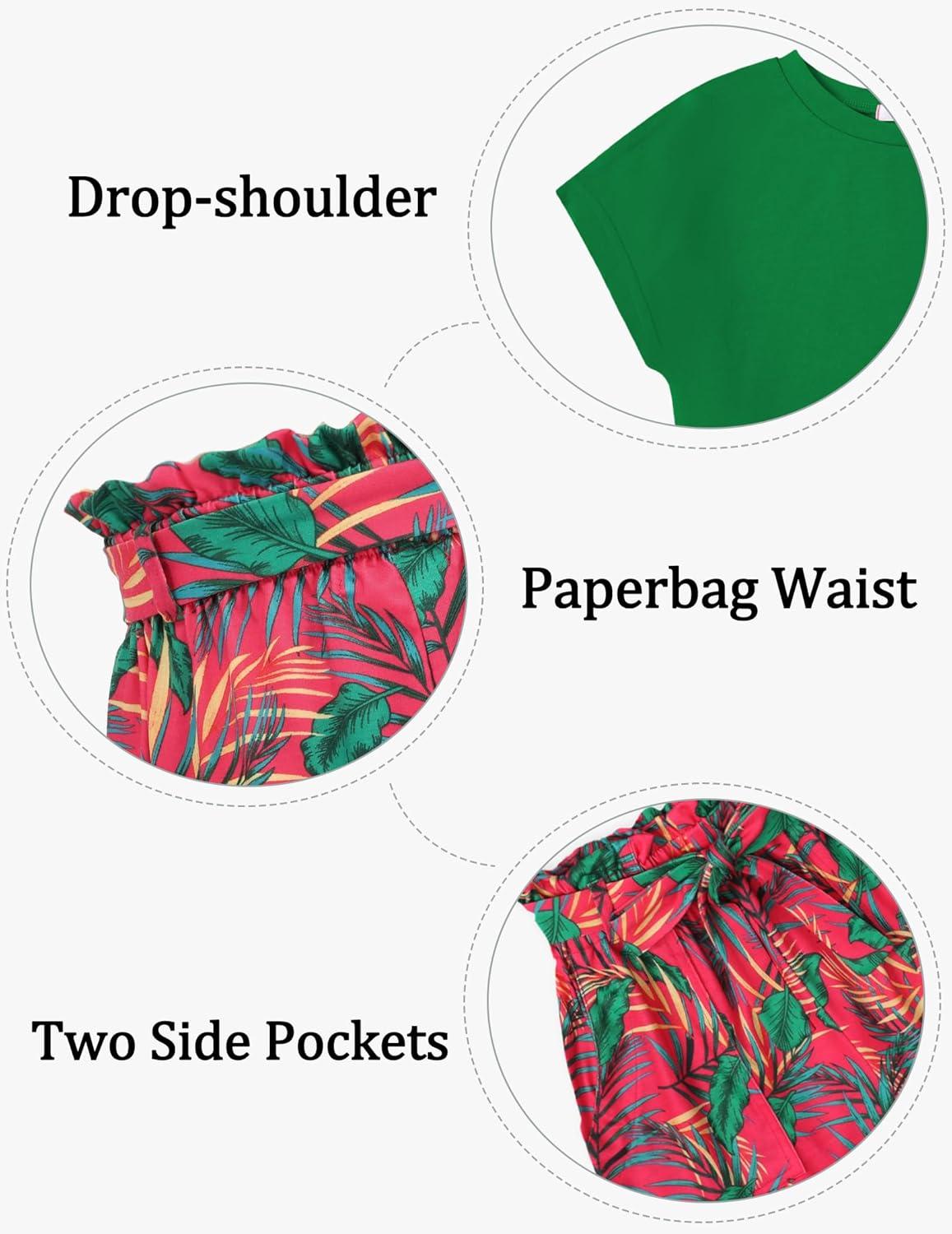 image:imageArshiner Girls 2 Piece Outfit Summer Drop Shoulder Batwing Sleeve Tops and Paperbag Waist Shorts Set Cute Clothing Size 614Green Leaf