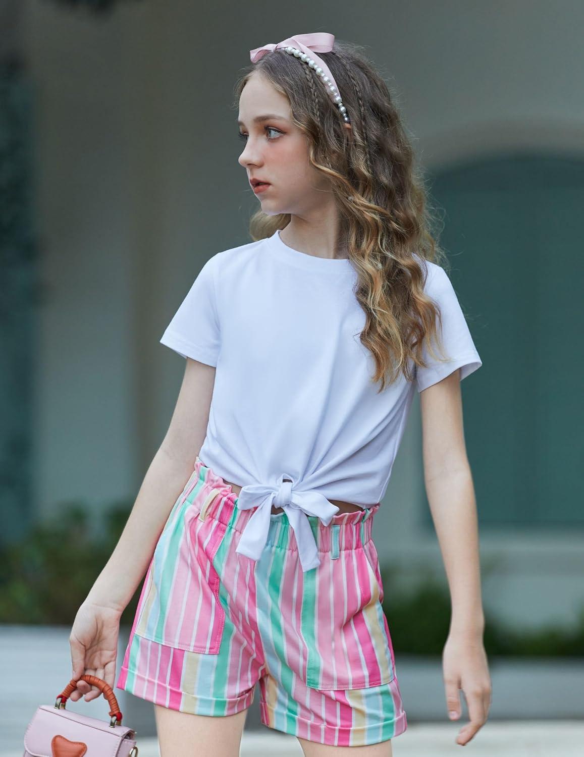 image:imageArshiner Girls 2 Piece Outfit Summer Drop Shoulder Batwing Sleeve Tops and Paperbag Waist Shorts Set Cute Clothing Size 614Hot Pinkstrips