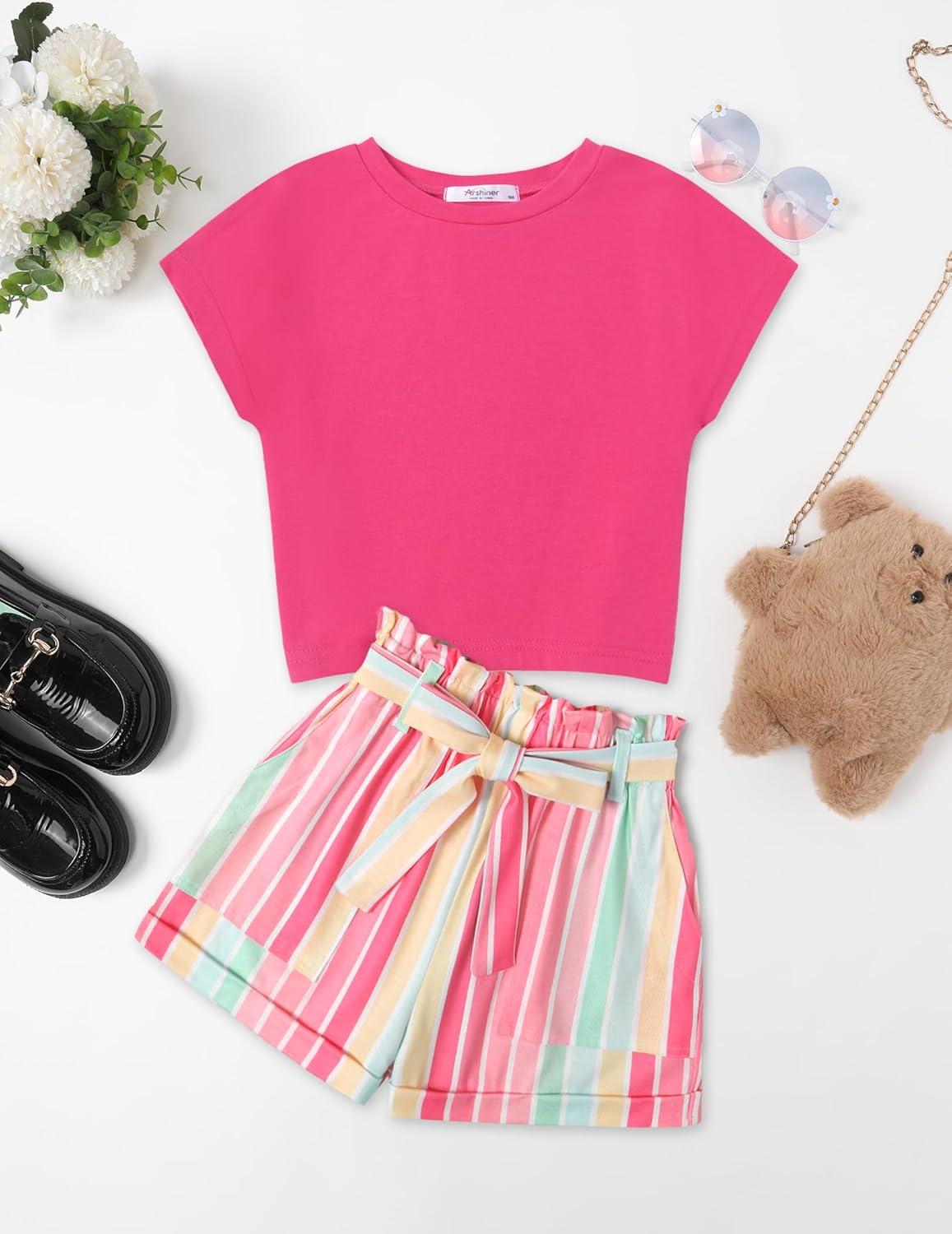 image:imageArshiner Girls 2 Piece Outfit Summer Drop Shoulder Batwing Sleeve Tops and Paperbag Waist Shorts Set Cute Clothing Size 614Hot Pinkstrips