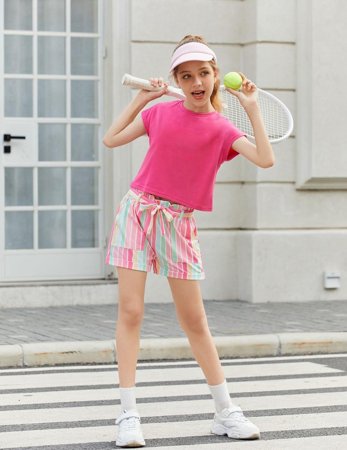 image:imageArshiner Girls 2 Piece Outfit Summer Drop Shoulder Batwing Sleeve Tops and Paperbag Waist Shorts Set Cute Clothing Size 614Hot Pinkstrips