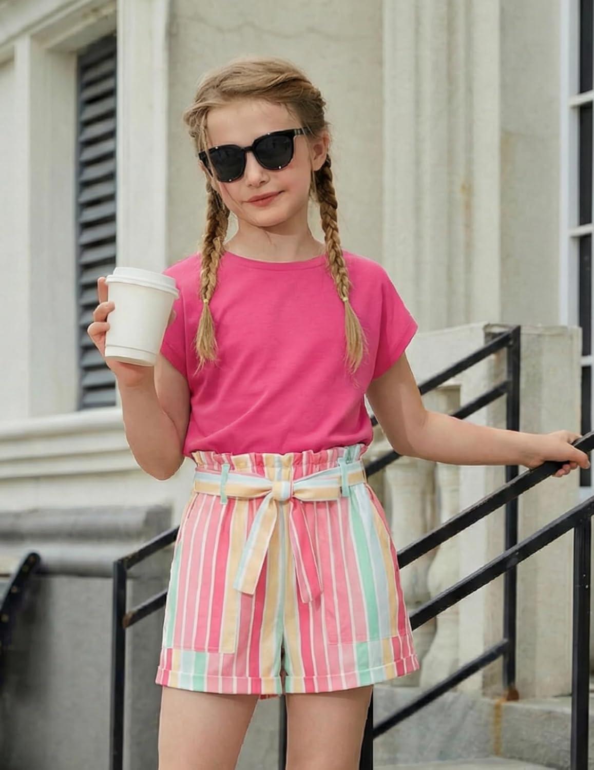 image:imageArshiner Girls 2 Piece Outfit Summer Drop Shoulder Batwing Sleeve Tops and Paperbag Waist Shorts Set Cute Clothing Size 614Hot Pinkstrips
