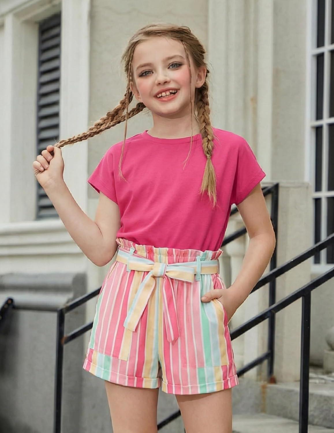 image:imageArshiner Girls 2 Piece Outfit Summer Drop Shoulder Batwing Sleeve Tops and Paperbag Waist Shorts Set Cute Clothing Size 614Hot Pinkstrips