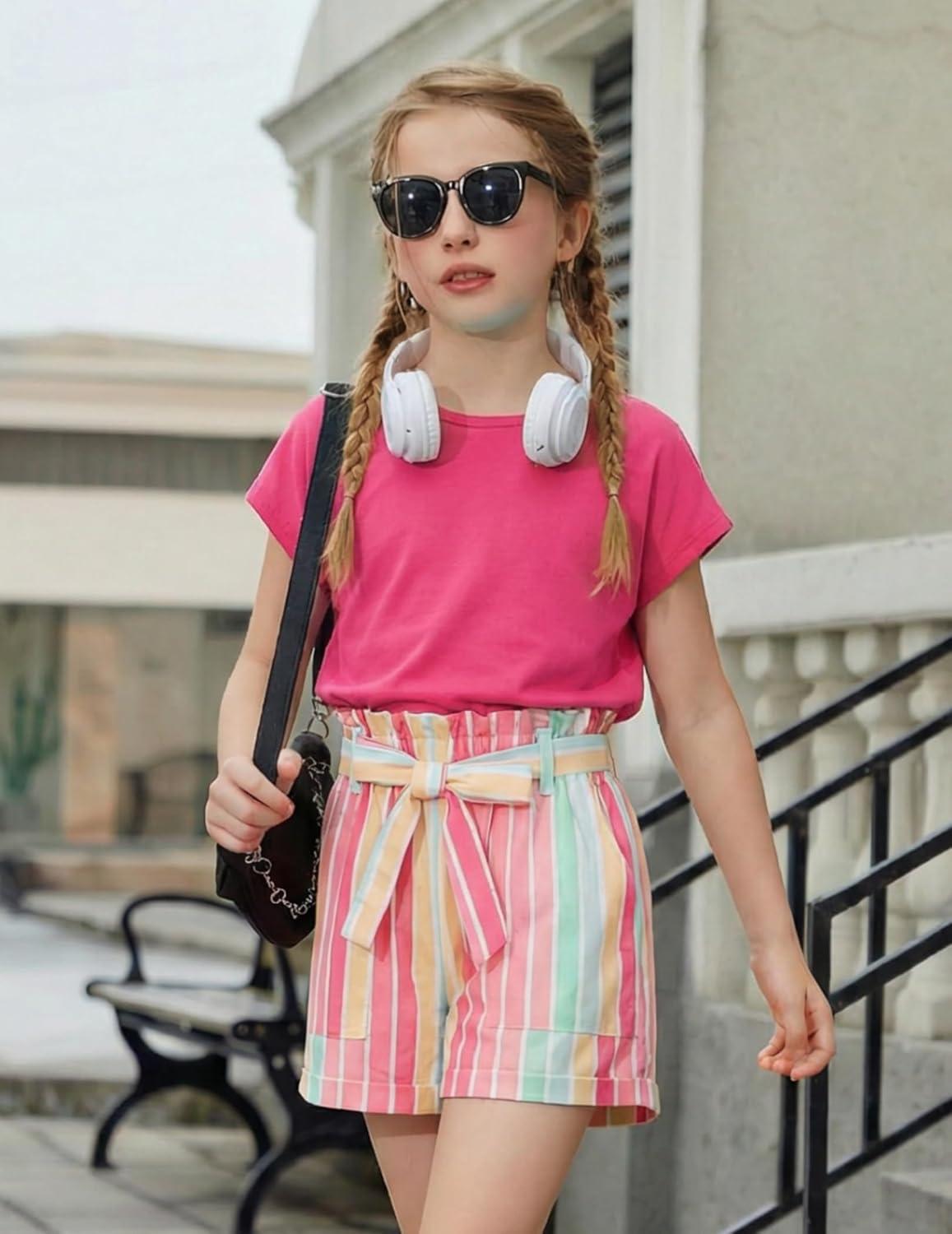 image:imageArshiner Girls 2 Piece Outfit Summer Drop Shoulder Batwing Sleeve Tops and Paperbag Waist Shorts Set Cute Clothing Size 614Hot Pinkstrips