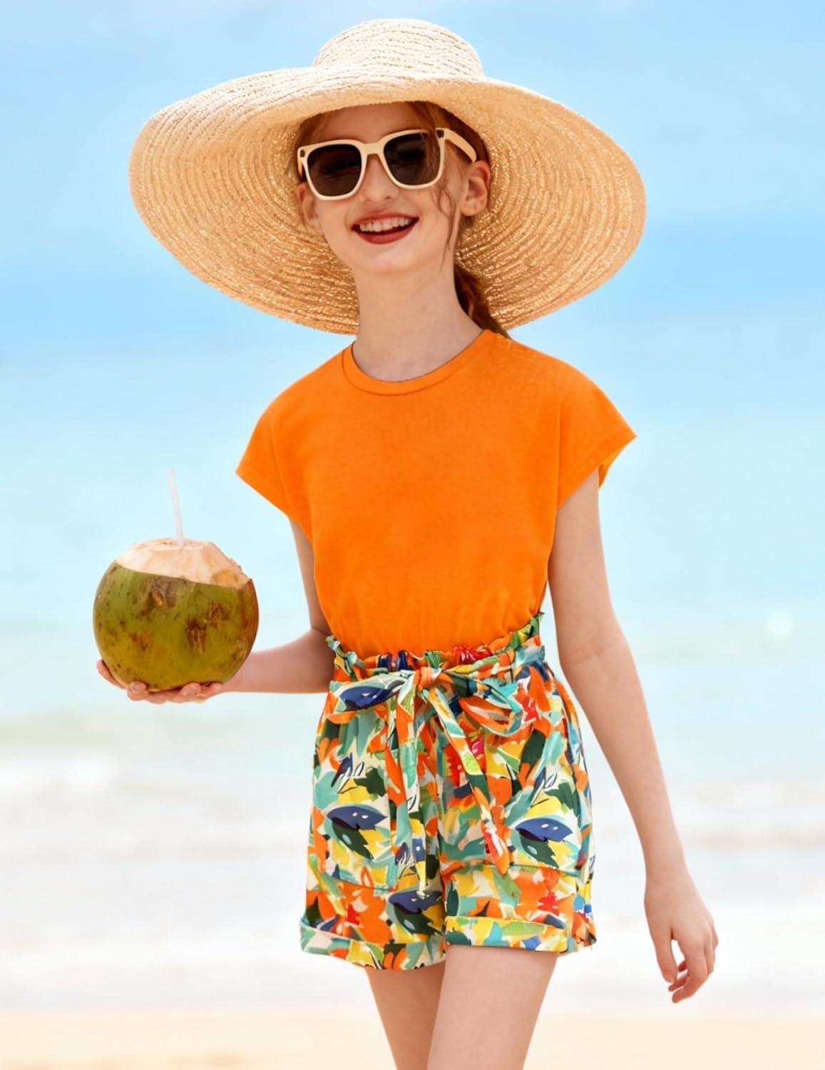 image:imageArshiner Girls 2 Piece Outfit Summer Drop Shoulder Batwing Sleeve Tops and Paperbag Waist Shorts Set Cute Clothing Size 614Orange Print