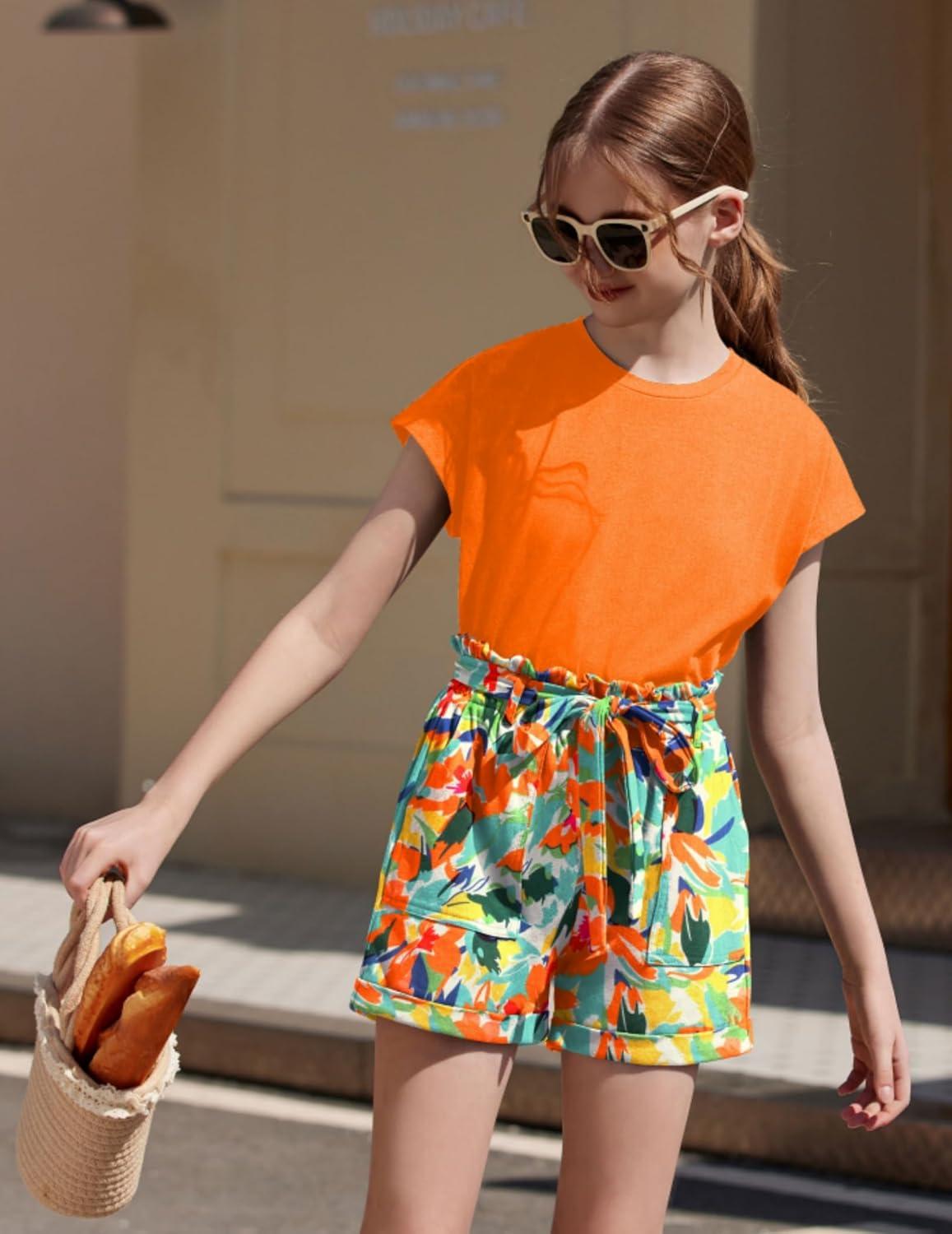 image:imageArshiner Girls 2 Piece Outfit Summer Drop Shoulder Batwing Sleeve Tops and Paperbag Waist Shorts Set Cute Clothing Size 614Orange Print