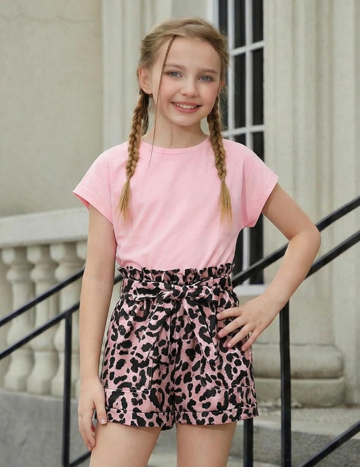 image:imageArshiner Girls 2 Piece Outfit Summer Drop Shoulder Batwing Sleeve Tops and Paperbag Waist Shorts Set Cute Clothing Size 614Pink Leopard