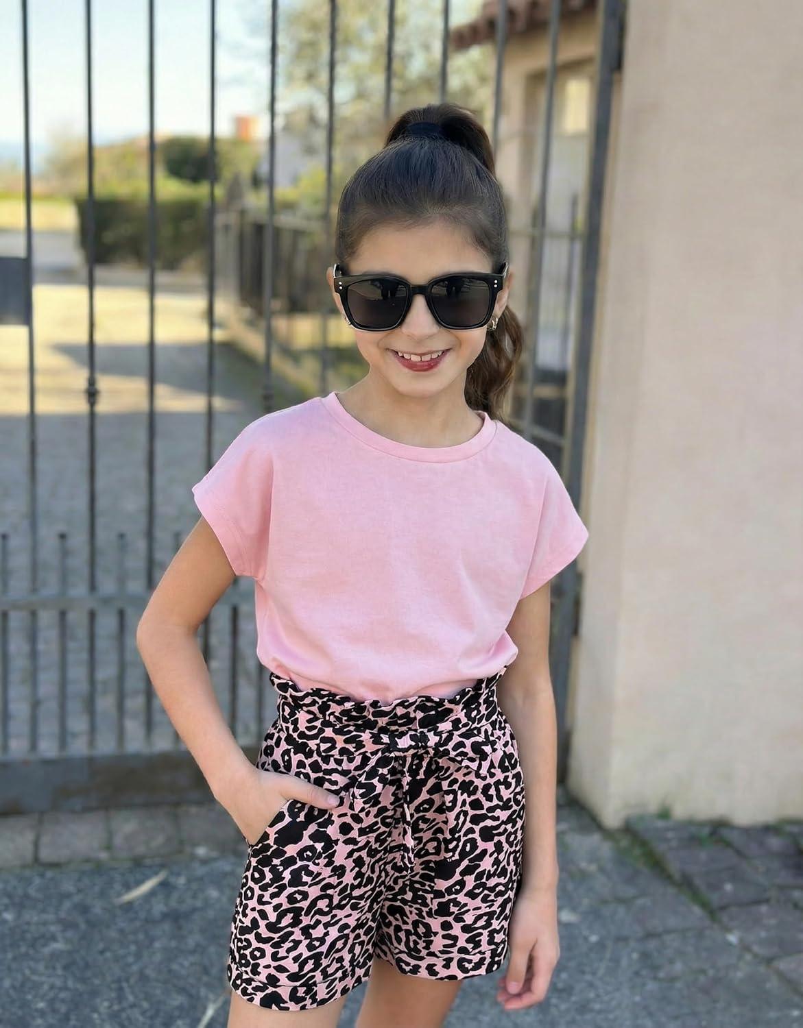image:imageArshiner Girls 2 Piece Outfit Summer Drop Shoulder Batwing Sleeve Tops and Paperbag Waist Shorts Set Cute Clothing Size 614Pink Leopard