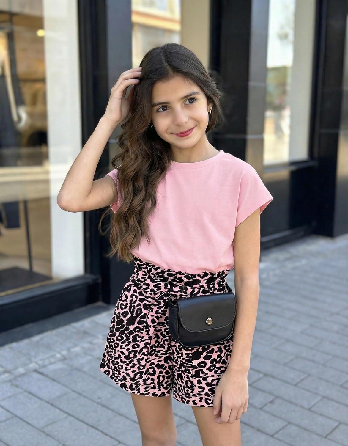 image:imageArshiner Girls 2 Piece Outfit Summer Drop Shoulder Batwing Sleeve Tops and Paperbag Waist Shorts Set Cute Clothing Size 614Pink Leopard
