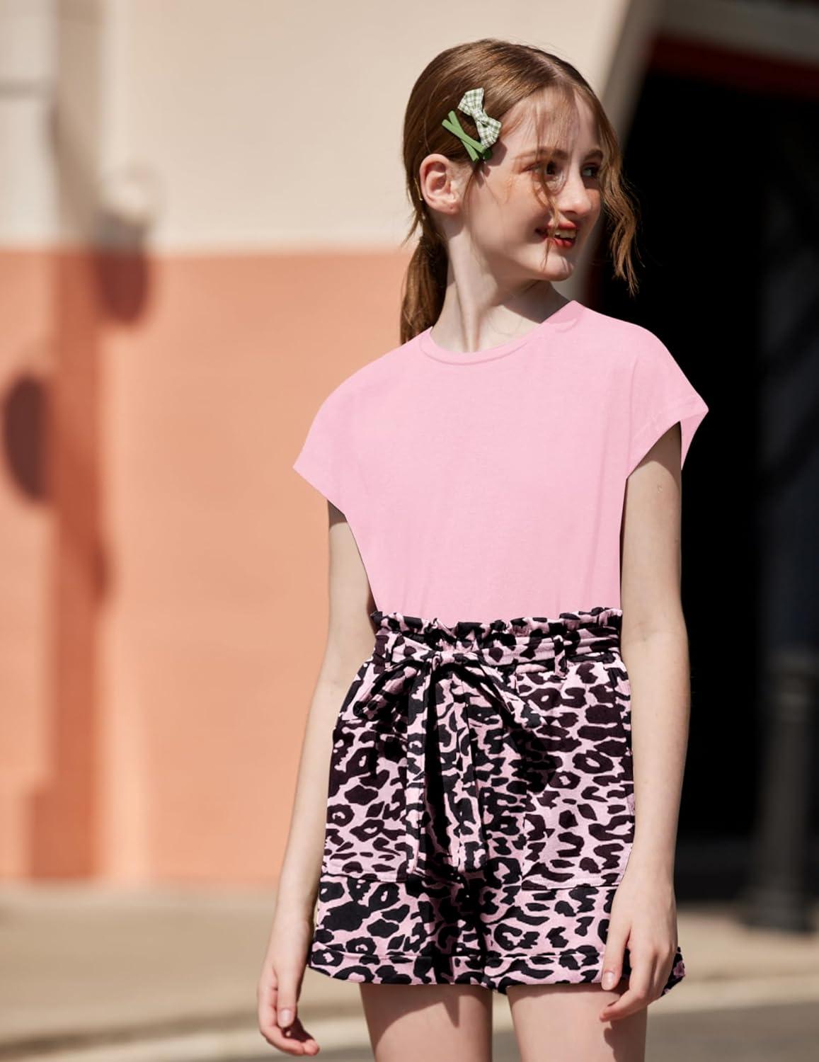 image:imageArshiner Girls 2 Piece Outfit Summer Drop Shoulder Batwing Sleeve Tops and Paperbag Waist Shorts Set Cute Clothing Size 614Pink Leopard