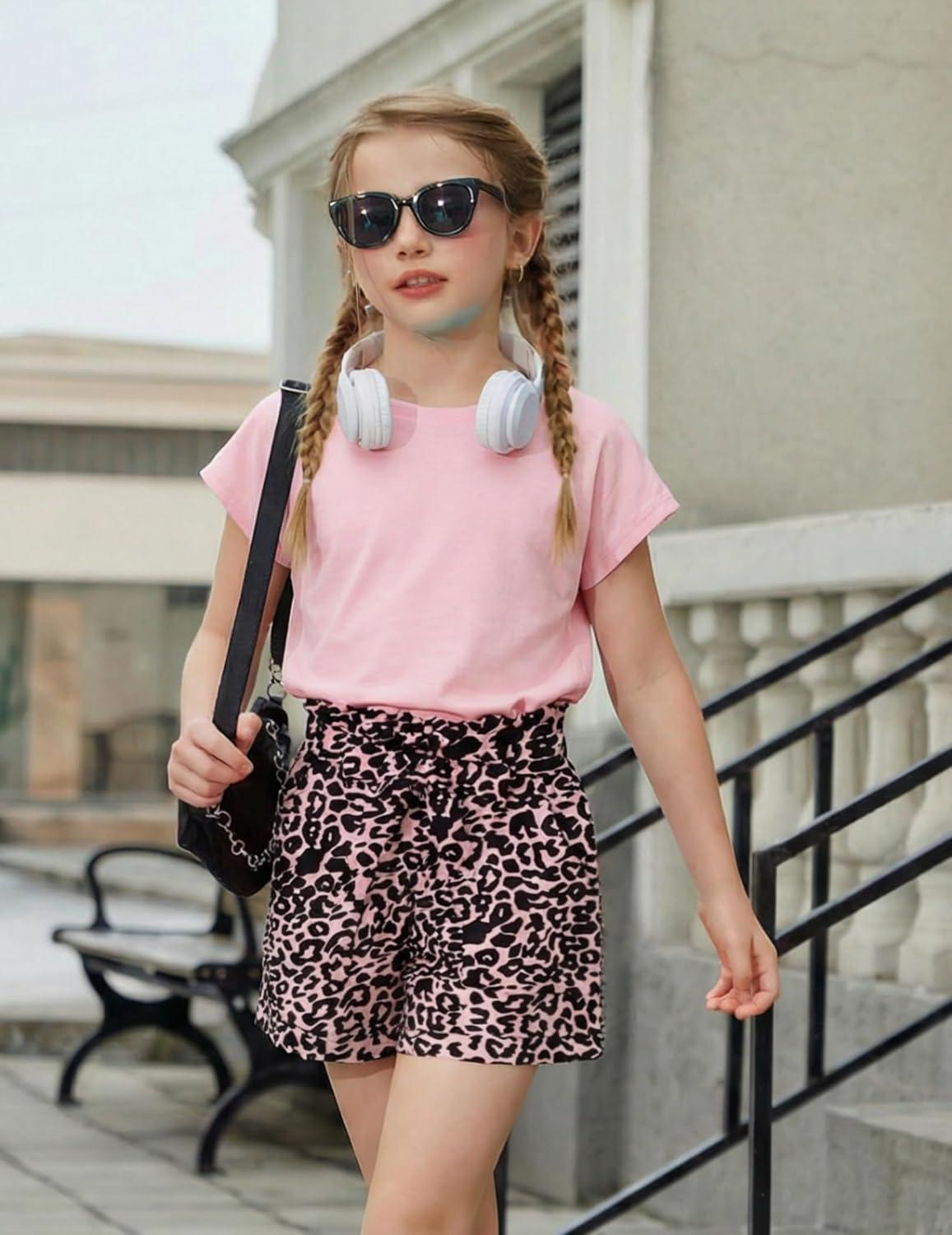 image:imageArshiner Girls 2 Piece Outfit Summer Drop Shoulder Batwing Sleeve Tops and Paperbag Waist Shorts Set Cute Clothing Size 614Pink Leopard