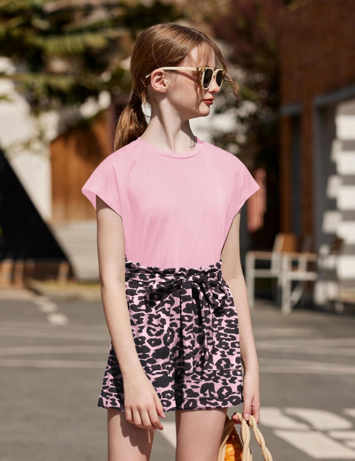 image:imageArshiner Girls 2 Piece Outfit Summer Drop Shoulder Batwing Sleeve Tops and Paperbag Waist Shorts Set Cute Clothing Size 614Pink Leopard