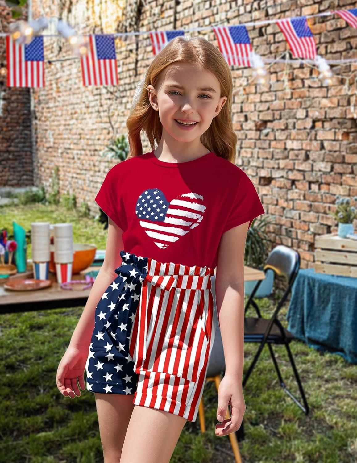 image:imageArshiner Girls 2 Piece Outfit Summer Drop Shoulder Batwing Sleeve Tops and Paperbag Waist Shorts Set Cute Clothing Size 614Red4th of July