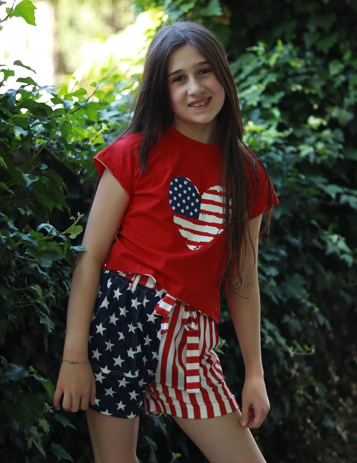 image:imageArshiner Girls 2 Piece Outfit Summer Drop Shoulder Batwing Sleeve Tops and Paperbag Waist Shorts Set Cute Clothing Size 614Red4th of July