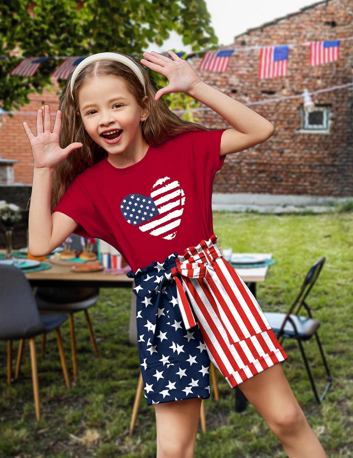image:imageArshiner Girls 2 Piece Outfit Summer Drop Shoulder Batwing Sleeve Tops and Paperbag Waist Shorts Set Cute Clothing Size 614Red4th of July