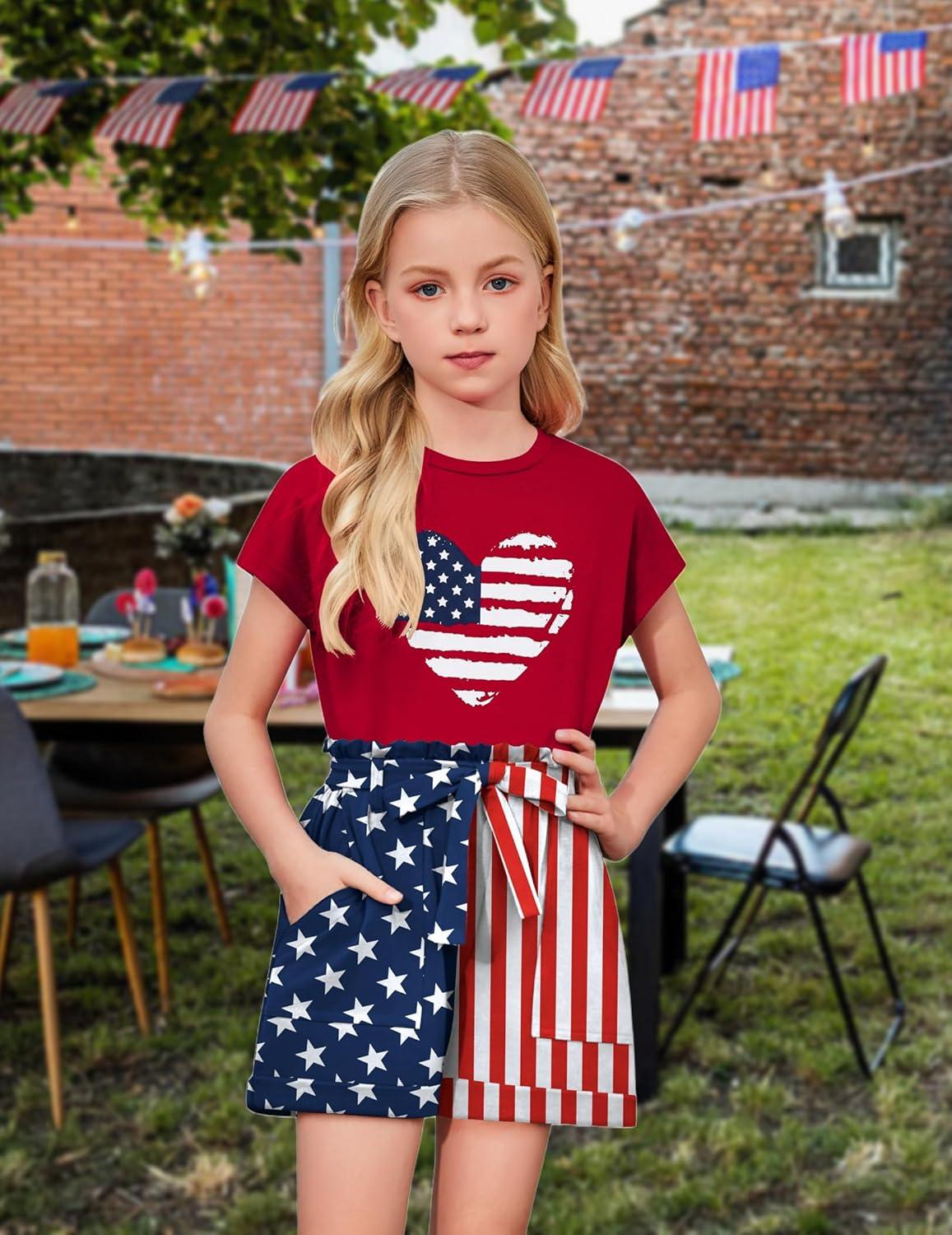 image:imageArshiner Girls 2 Piece Outfit Summer Drop Shoulder Batwing Sleeve Tops and Paperbag Waist Shorts Set Cute Clothing Size 614Red4th of July