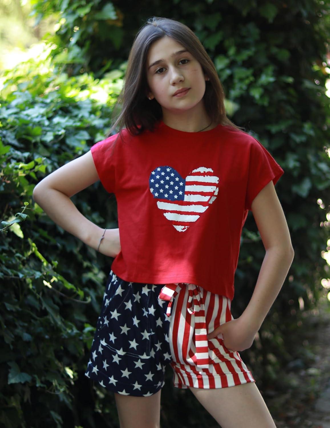 image:imageArshiner Girls 2 Piece Outfit Summer Drop Shoulder Batwing Sleeve Tops and Paperbag Waist Shorts Set Cute Clothing Size 614Red4th of July