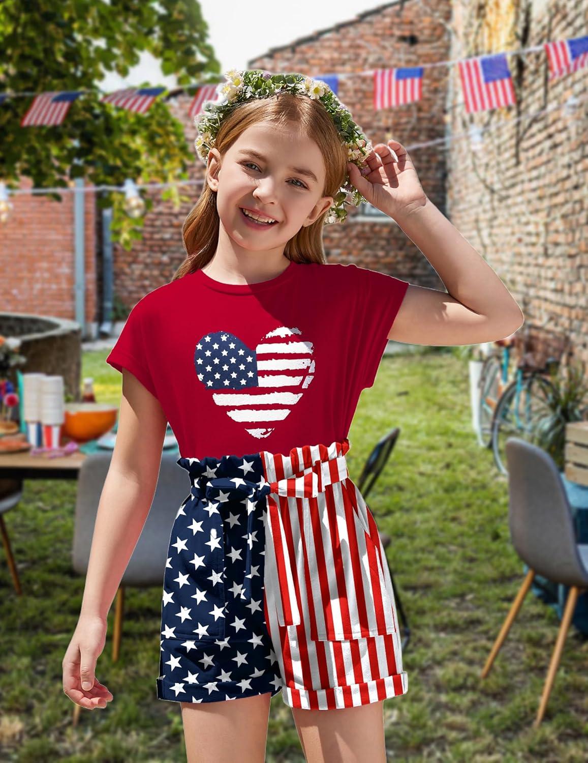 image:imageArshiner Girls 2 Piece Outfit Summer Drop Shoulder Batwing Sleeve Tops and Paperbag Waist Shorts Set Cute Clothing Size 614Red4th of July