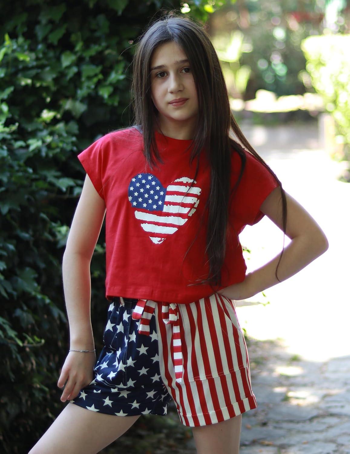 image:imageArshiner Girls 2 Piece Outfit Summer Drop Shoulder Batwing Sleeve Tops and Paperbag Waist Shorts Set Cute Clothing Size 614Red4th of July