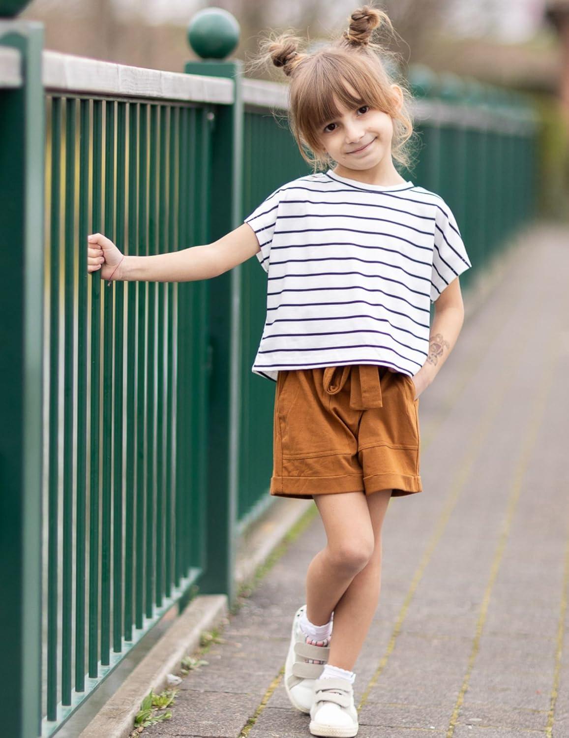 image:imageArshiner Girls 2 Piece Outfit Summer Drop Shoulder Batwing Sleeve Tops and Paperbag Waist Shorts Set Cute Clothing Size 614Stripsbrown