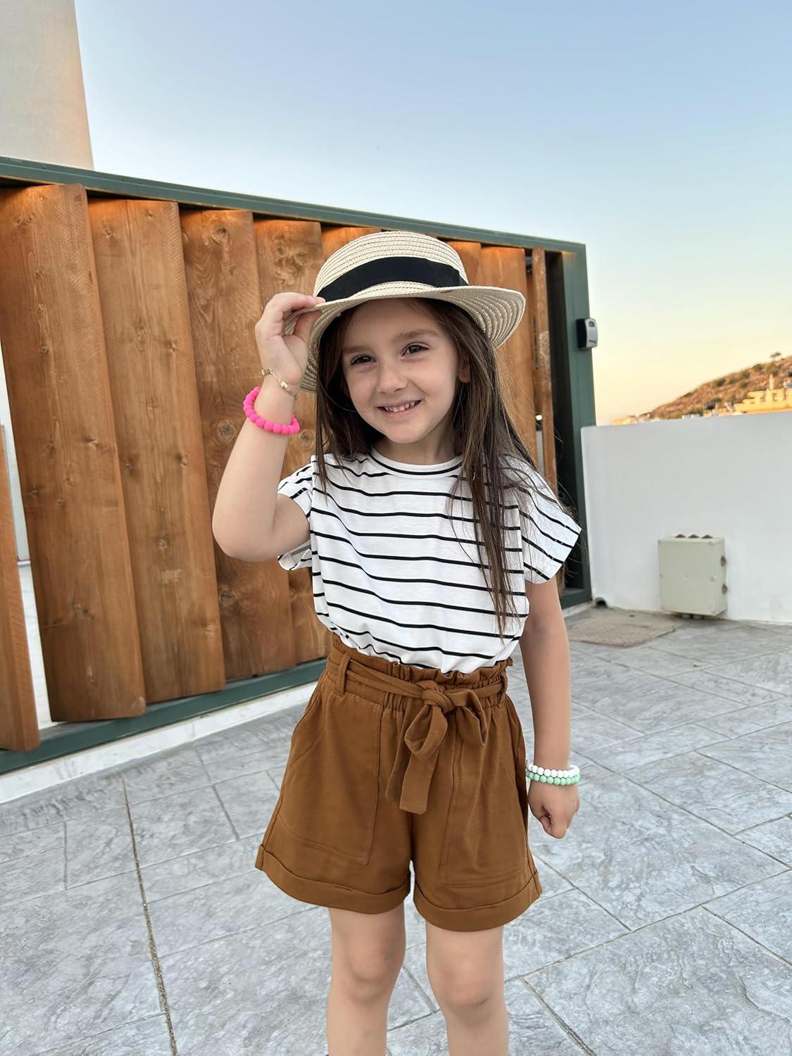 image:imageArshiner Girls 2 Piece Outfit Summer Drop Shoulder Batwing Sleeve Tops and Paperbag Waist Shorts Set Cute Clothing Size 614Stripsbrown
