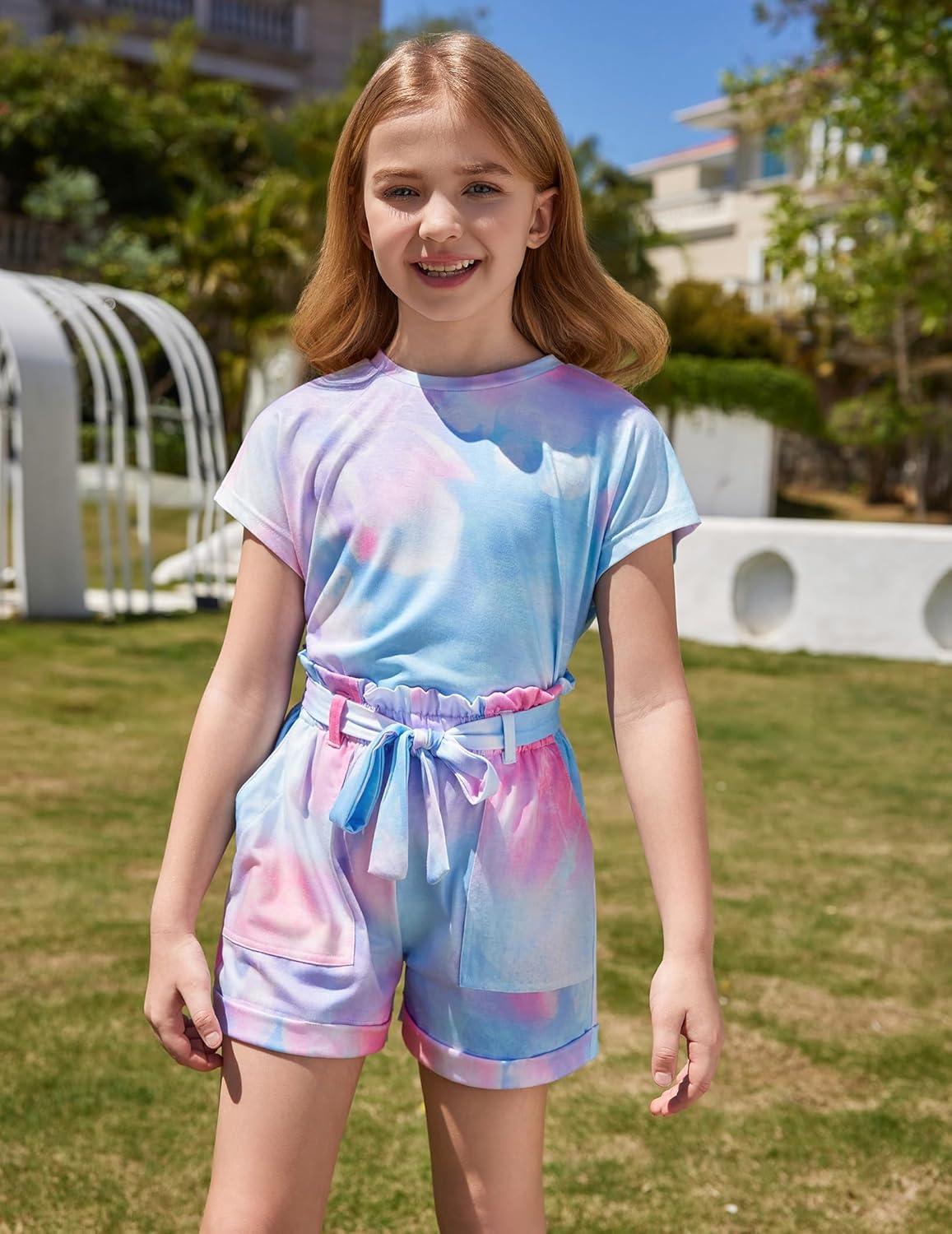 image:imageArshiner Girls 2 Piece Outfit Summer Drop Shoulder Batwing Sleeve Tops and Paperbag Waist Shorts Set Cute Clothing Size 614Tiedye