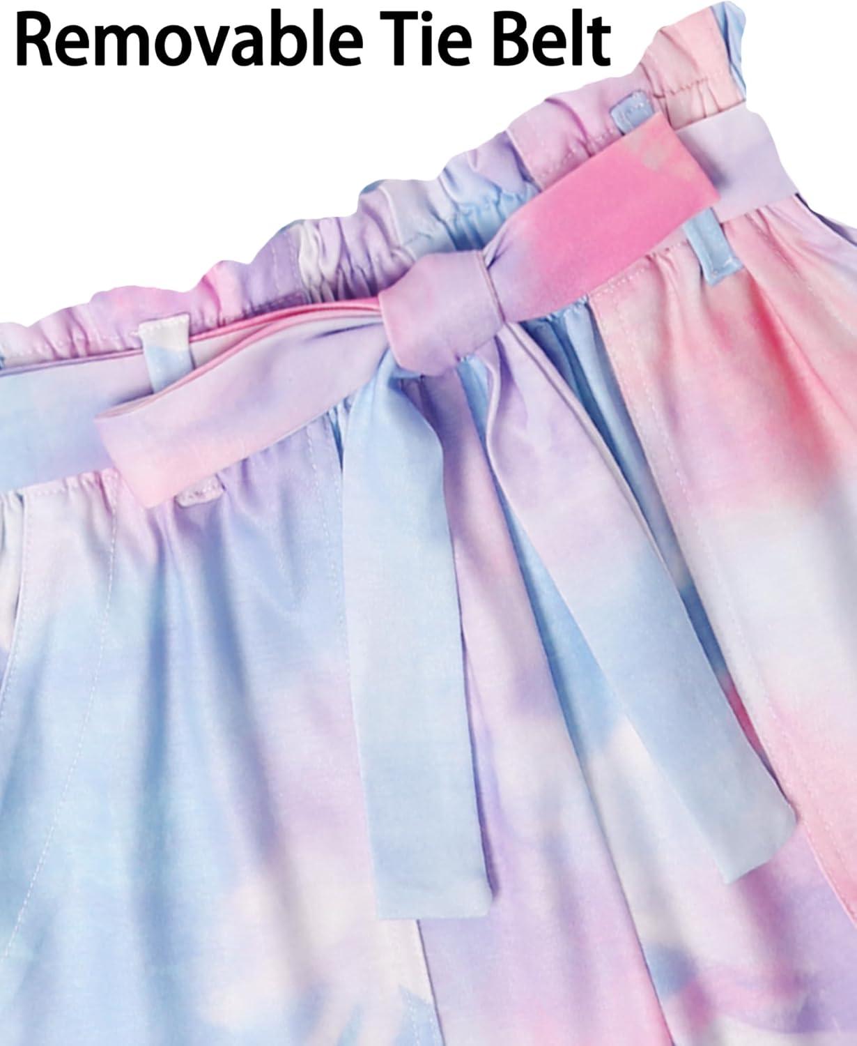 image:imageArshiner Girls 2 Piece Outfit Summer Drop Shoulder Batwing Sleeve Tops and Paperbag Waist Shorts Set Cute Clothing Size 614Tiedye