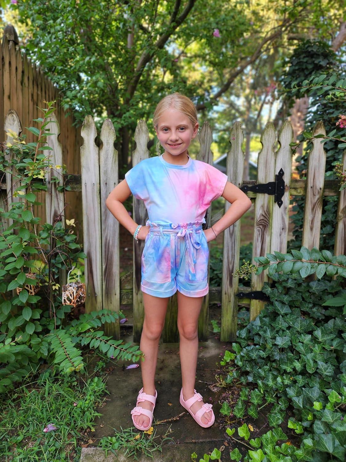 image:imageArshiner Girls 2 Piece Outfit Summer Drop Shoulder Batwing Sleeve Tops and Paperbag Waist Shorts Set Cute Clothing Size 614Tiedye