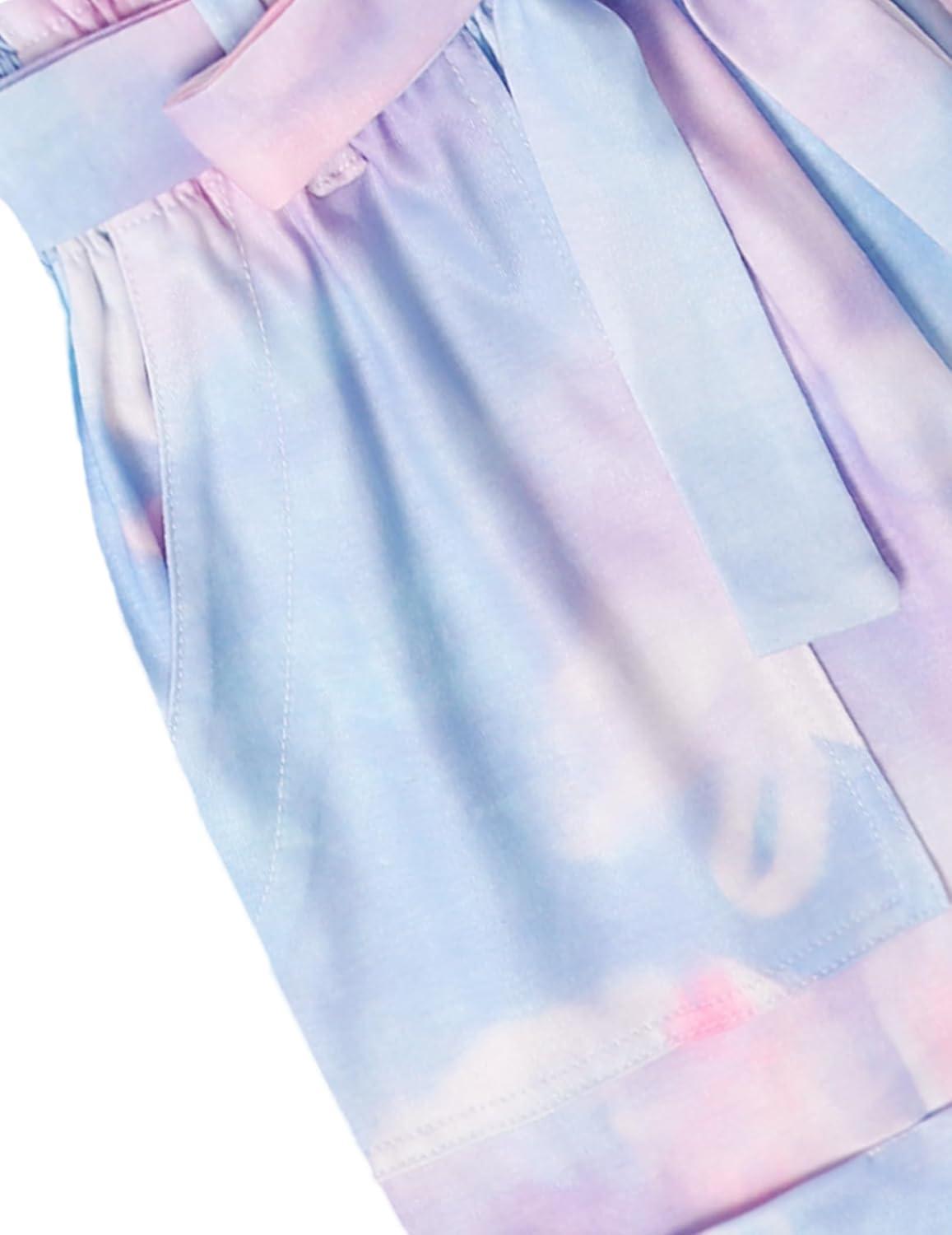 image:imageArshiner Girls 2 Piece Outfit Summer Drop Shoulder Batwing Sleeve Tops and Paperbag Waist Shorts Set Cute Clothing Size 614Tiedye