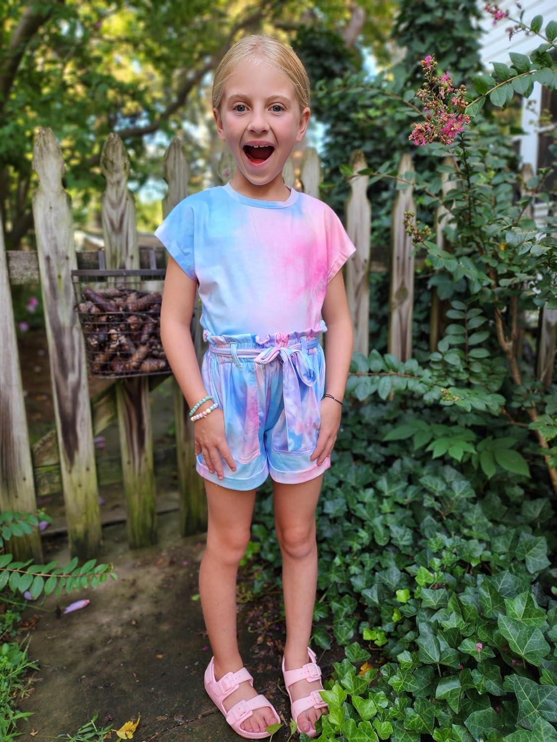 image:imageArshiner Girls 2 Piece Outfit Summer Drop Shoulder Batwing Sleeve Tops and Paperbag Waist Shorts Set Cute Clothing Size 614Tiedye