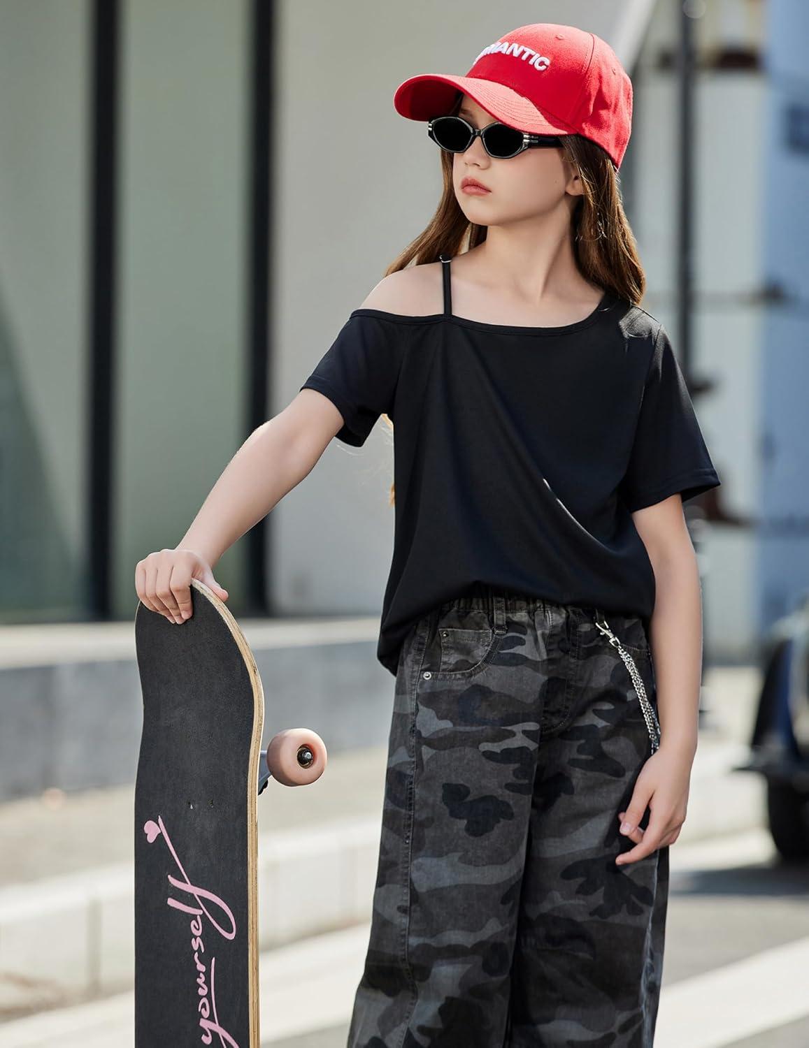 image:imageArshiner Girls T Shirts Trendy Street Style One Shoulder Sleeve Casual Kids Blouse Soft Summer Tees TopsBlack