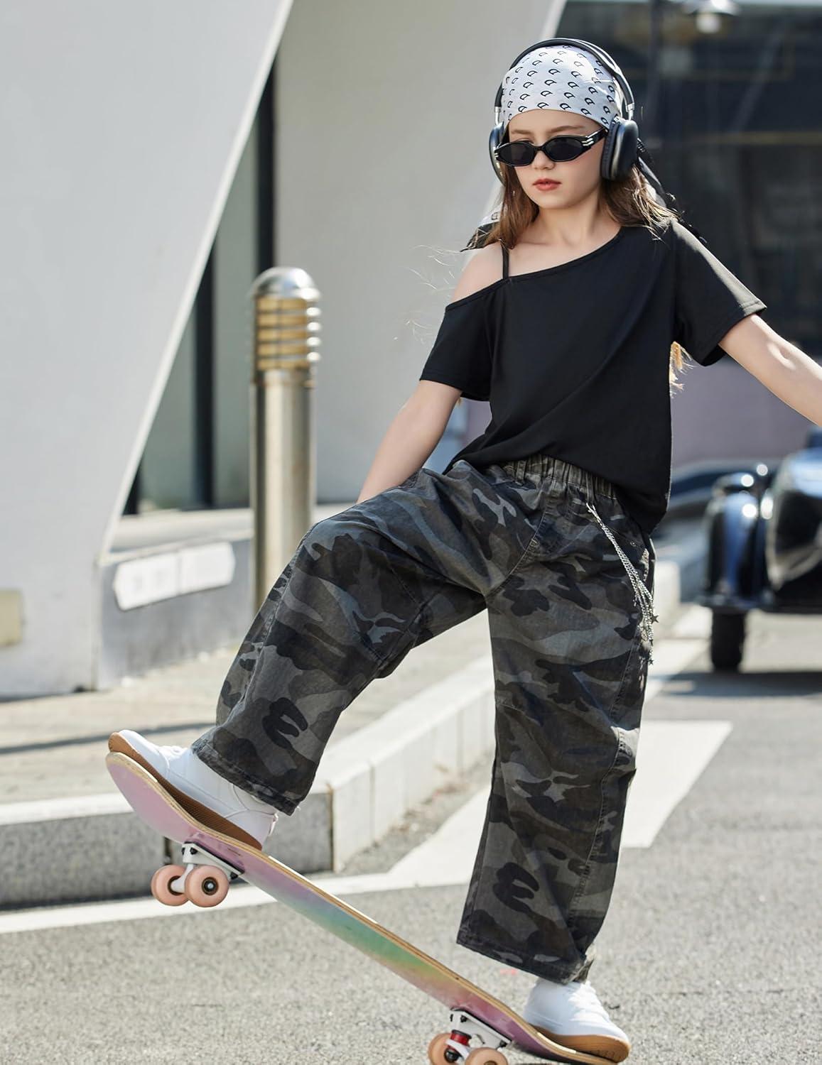 image:imageArshiner Girls T Shirts Trendy Street Style One Shoulder Sleeve Casual Kids Blouse Soft Summer Tees TopsBlack