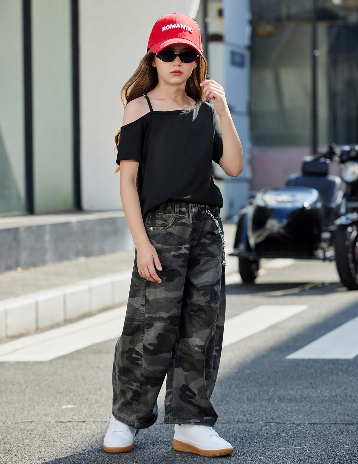 image:imageArshiner Girls T Shirts Trendy Street Style One Shoulder Sleeve Casual Kids Blouse Soft Summer Tees TopsBlack