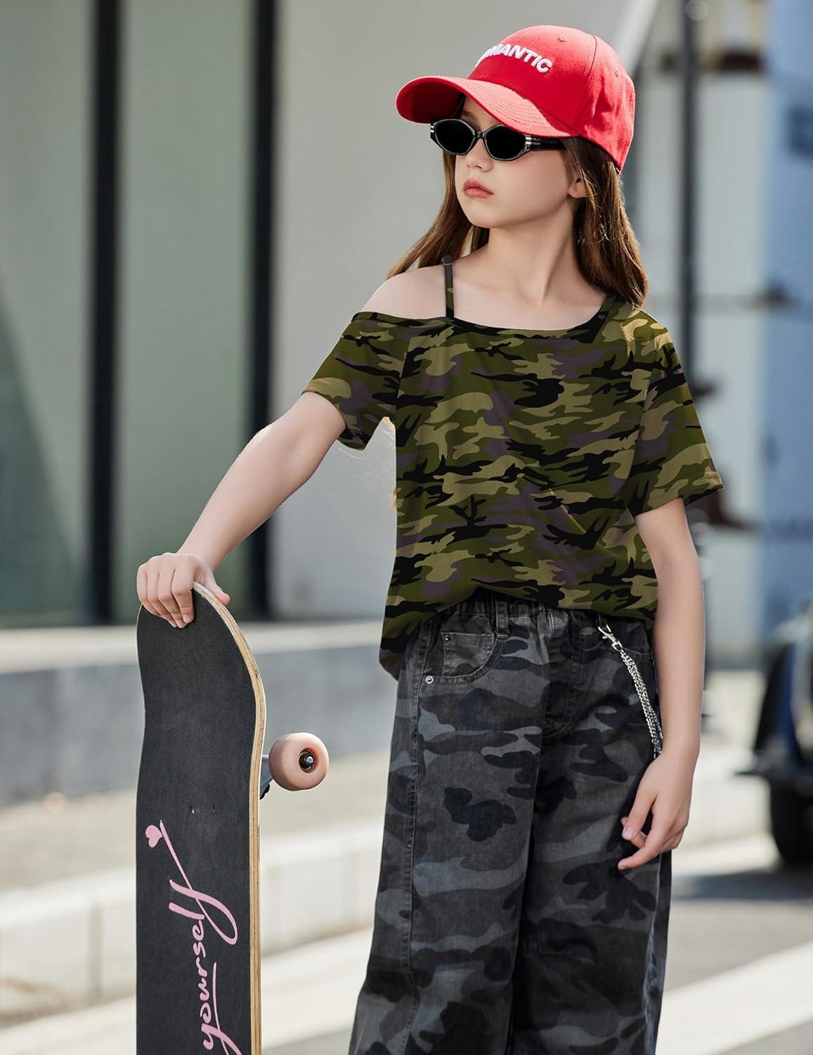 image:imageArshiner Girls T Shirts Trendy Street Style One Shoulder Sleeve Casual Kids Blouse Soft Summer Tees TopsCamo
