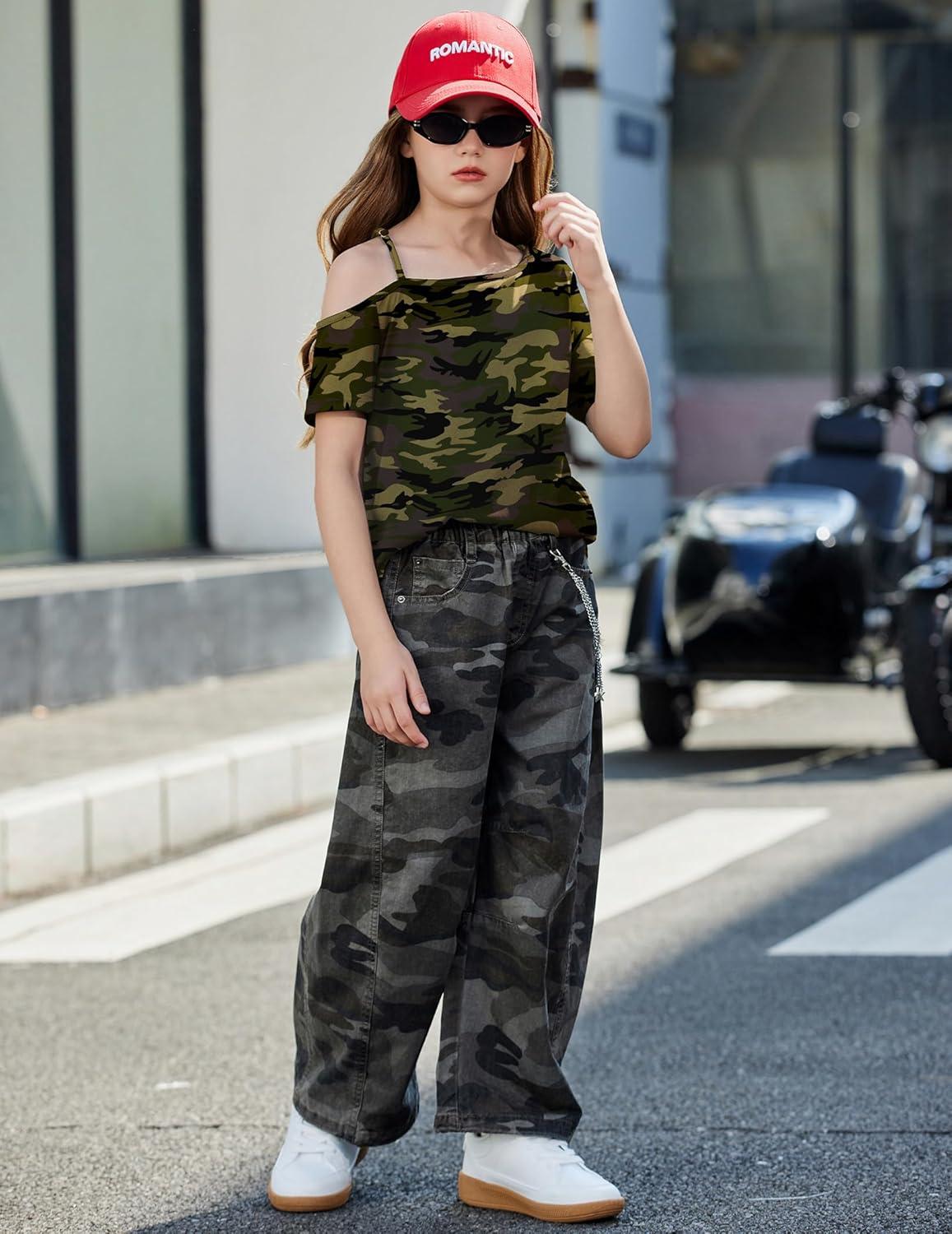 image:imageArshiner Girls T Shirts Trendy Street Style One Shoulder Sleeve Casual Kids Blouse Soft Summer Tees TopsCamo