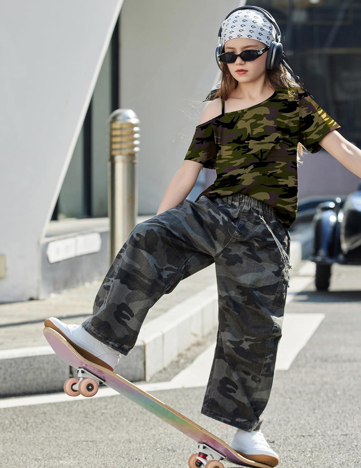 image:imageArshiner Girls T Shirts Trendy Street Style One Shoulder Sleeve Casual Kids Blouse Soft Summer Tees TopsCamo