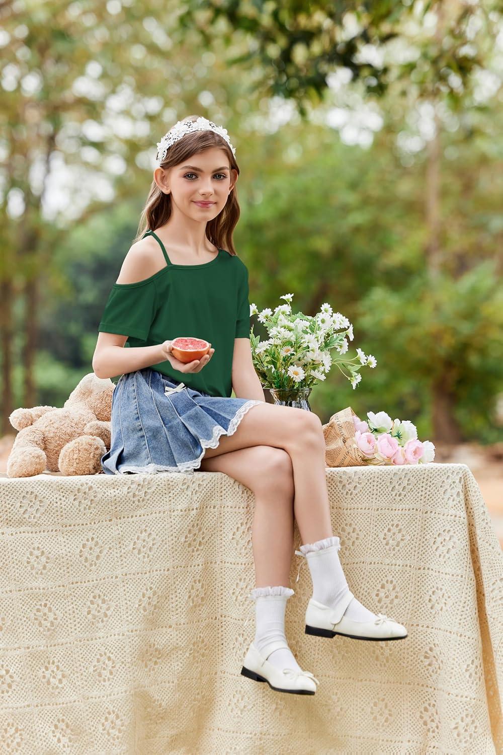 image:imageArshiner Girls T Shirts Trendy Street Style One Shoulder Sleeve Casual Kids Blouse Soft Summer Tees TopsGreen