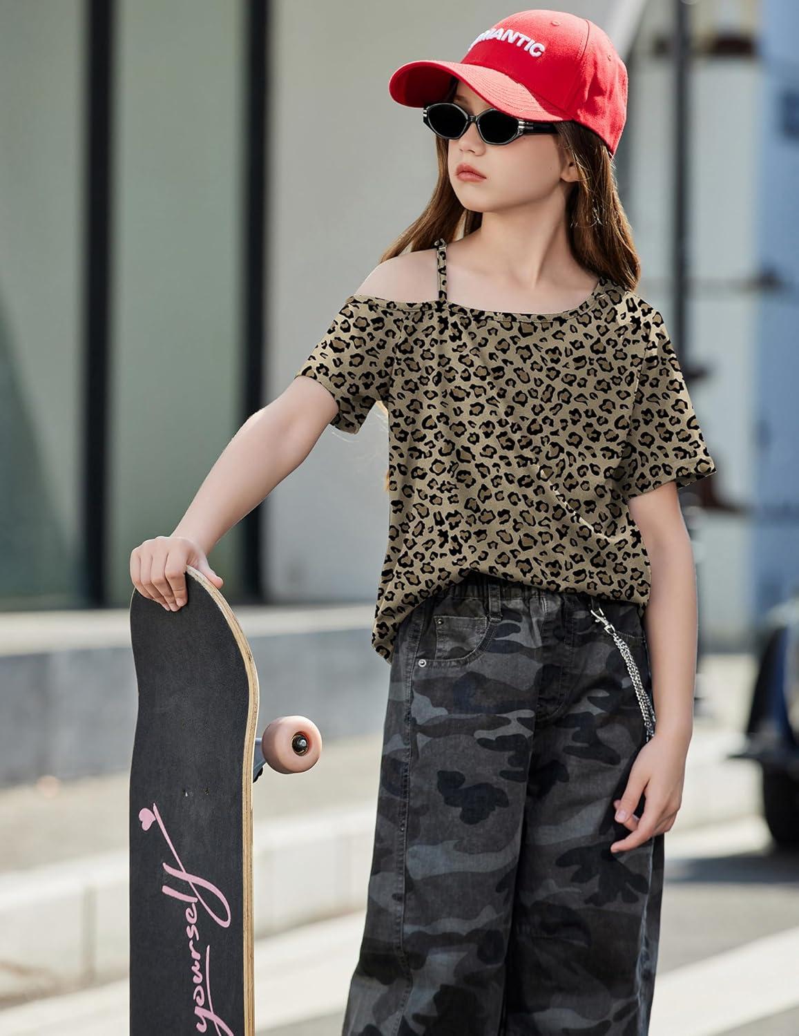 image:imageArshiner Girls T Shirts Trendy Street Style One Shoulder Sleeve Casual Kids Blouse Soft Summer Tees TopsLeopard Print