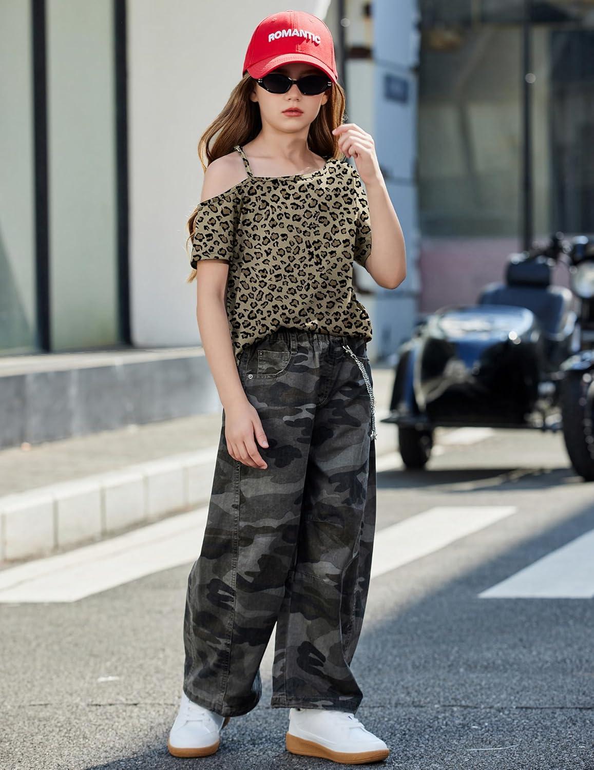 image:imageArshiner Girls T Shirts Trendy Street Style One Shoulder Sleeve Casual Kids Blouse Soft Summer Tees TopsLeopard Print