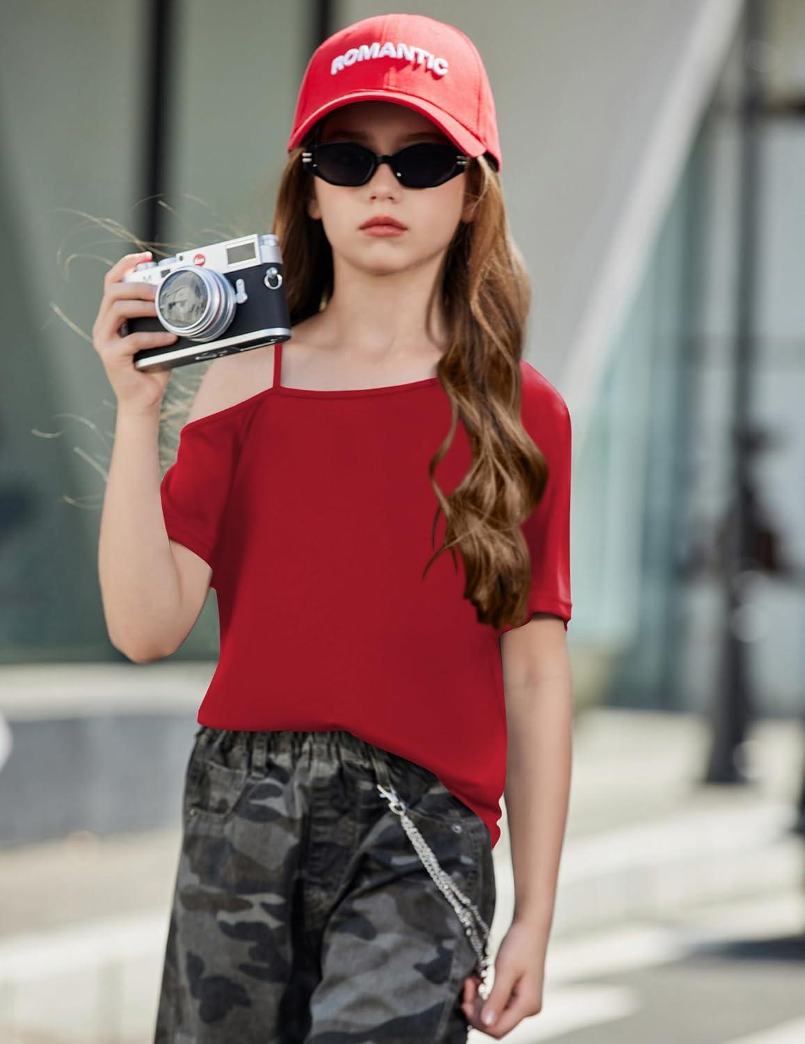 image:imageArshiner Girls T Shirts Trendy Street Style One Shoulder Sleeve Casual Kids Blouse Soft Summer Tees TopsRed