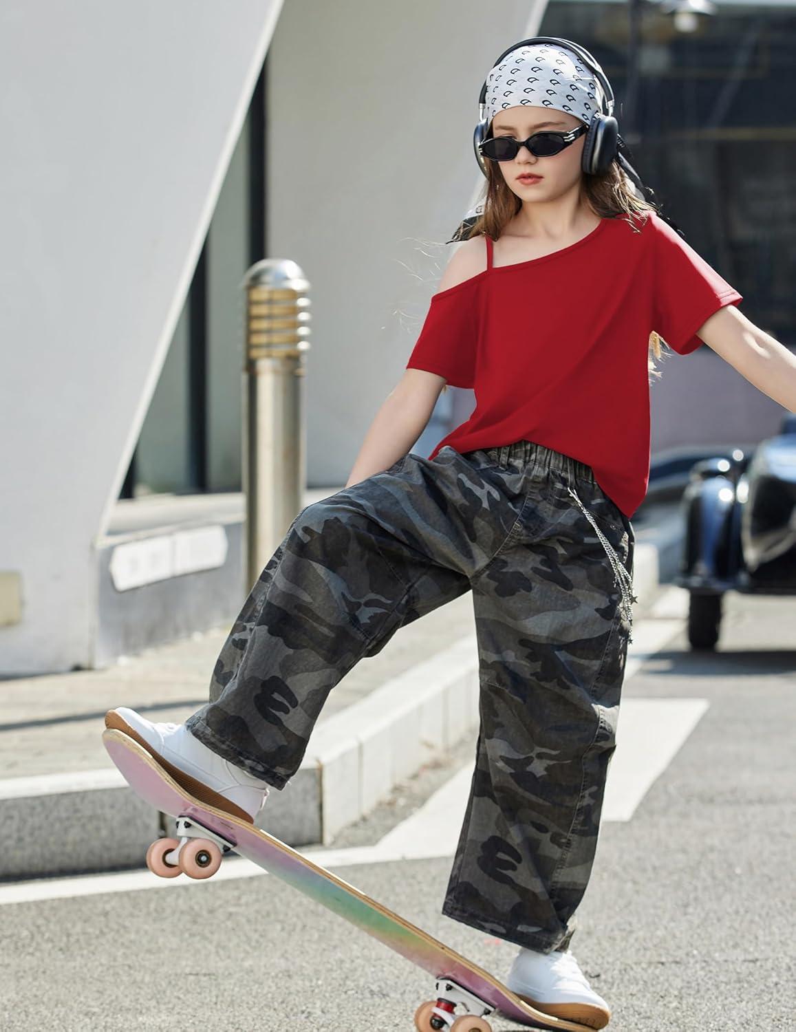 image:imageArshiner Girls T Shirts Trendy Street Style One Shoulder Sleeve Casual Kids Blouse Soft Summer Tees TopsRed